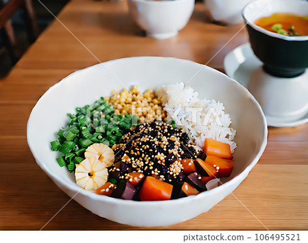 Realistic poke bowl neutral palette warm lighting 106495521
