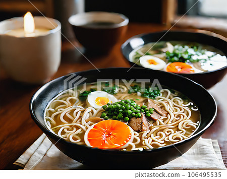 Cozy restaurant with realistic ramen warm lighting. Cozy restaurant with realistic ramen warm lighting. 106495535