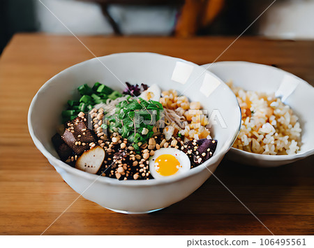 Realistic poke bowl neutral palette warm lighting 106495561
