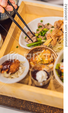 Japanese bento set. Food at a Japanese restaurant VERTICAL FORMAT for Instagram mobile story or stories size. Mobile wallpaper 106495642