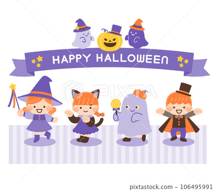Illustration material of children wearing Halloween costumes and ribbon decorations 106495991