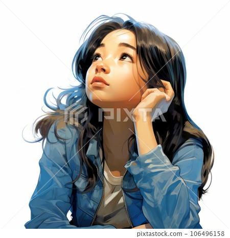 Asian girl in thinking and doubts oil painted illustration. Young woman character with dreamy face on abstract background. Ai generated bright drawn colorful acrylic poster. 106496158