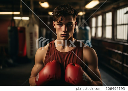 Portrait of a young boxer in the gym. He looks at the camera after a workout. 106496193