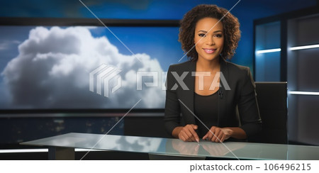 A young African-American TV presenter before the start of a news broadcast. 106496215