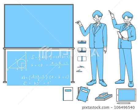 A man in a suit giving a class in front of a blackboard A man in a suit giving a class in front of a blackboard 106496540