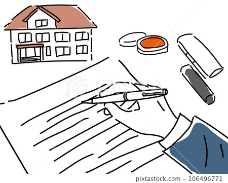 手繪簽署和蓋章住房合同的簡單線條畫 106496771