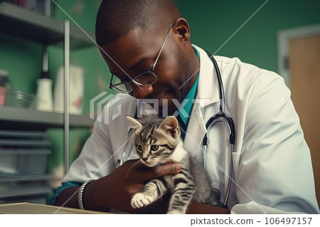 African American veterinary doctor checks the health of a little kitten. 106497157