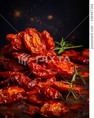 Organic Dried Tomatoes Vegetable Photorealistic Vertical Illustration. Healthy Vegetarian Energy Snack. Ai Generated bright Illustration with Delicious Chewy Dried Tomatoes Vegetable. 106497168