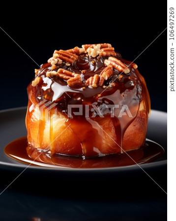Freshly Baked Sticky Bun Photorealistic Vertical Illustration. Crusty Pastry, Gourmet Bakery. Ai Generated bright Illustration with Aromatic Traditional Sticky Bun. 106497269