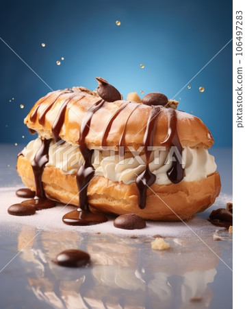 Freshly Baked Eclair Pastry Photorealistic Vertical Illustration. Crusty Pastry, Gourmet Bakery. Ai Generated bright Illustration with Aromatic Traditional Eclair Pastry. 106497283