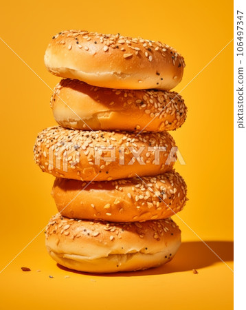 Freshly Baked Bagel Bread Photorealistic Vertical Illustration. Crusty Pastry, Gourmet Bakery. Ai Generated bright Illustration with Aromatic Traditional Bagel Bread. 106497347