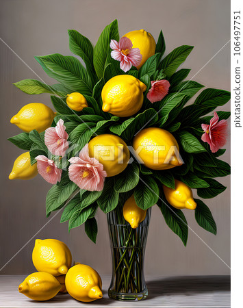 Painted background with lemons leaves and flowers. 106497751