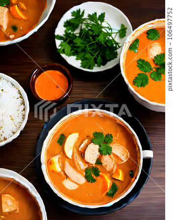 Realistic tom yam soup cozy restaurant ambiance. 106497752
