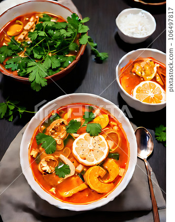 Realistic tom yam soup cozy restaurant ambiance. 106497817