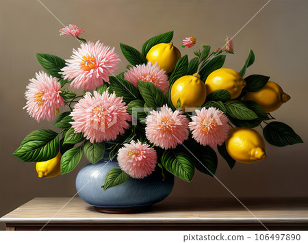 Painted background with lemons leaves and flowers. 106497890