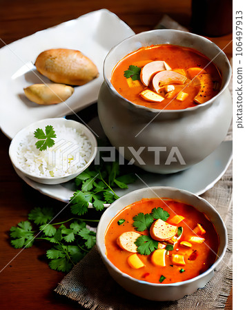 Realistic tom yam soup cozy restaurant ambiance. 106497913