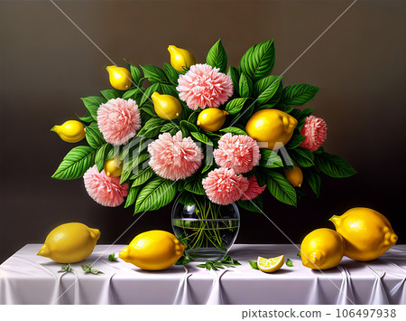 Painted background with lemons leaves and flowers. 106497938