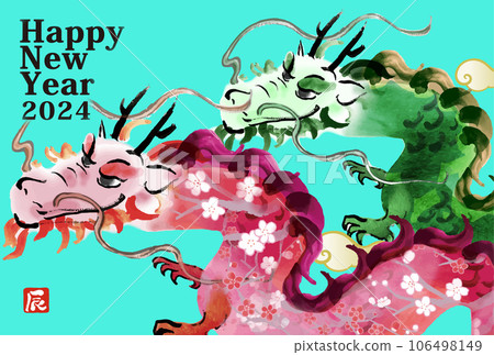 New Year's card design 2024 Year of the Dragon New Year's card template with hand-drawn Japanese-style illustrations of two dragons 106498149