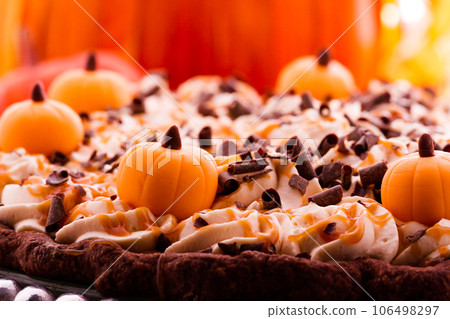 Chocolate salted caramel pumpkin cream pie for Thanksgiving. Chocolate salted caramel pumpkin cream pie for Thanksgiving. 106498297