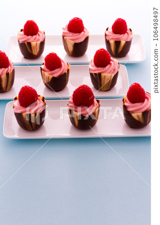 Small chocolate reaspherry tulip cups at dessert bar. Small chocolate reaspherry tulip cups at dessert bar. 106498497