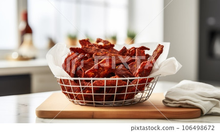 Delicious Beef Jerky Meat Product Photorealistic Horizontal Illustration. Savory Food, Gourmet Appetizer. Ai Generated bright Illustration with Delicious Deli Beef Jerky Meat Product. 106498672