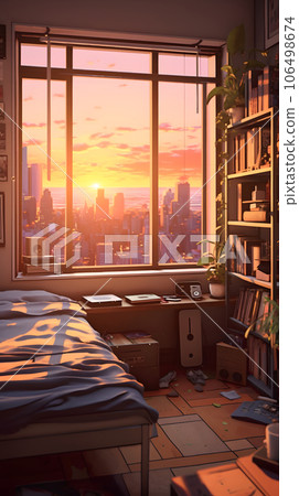 陽光透過生成人工智能照射的凌亂臥室的內部透視 106498674