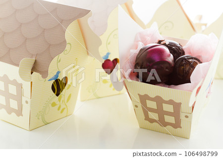 Miniature sweet bird houses favor boxes filled with gourmet truffles. 106498799