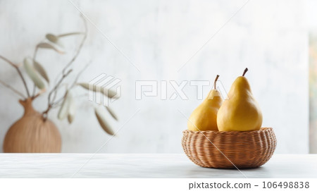Fresh Organic Pear Fruit Photorealistic Horizontal Illustration. Healthy Vegetarian Diet. Ai Generated bright Illustration with Delicious Juicy Pear Fruit. 106498838
