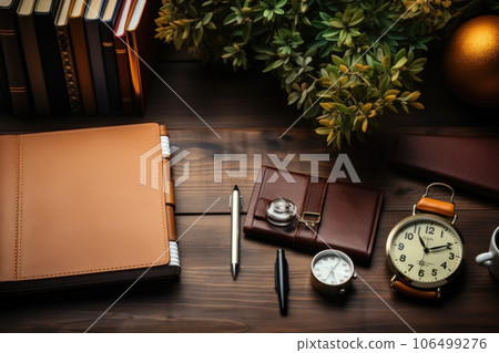 Top view Office desk with office tools, computer laptop on wood table background with copy space. Generative AI Top view Office desk with office tools, computer laptop on wood table background with copy space. Generative AI 106499276