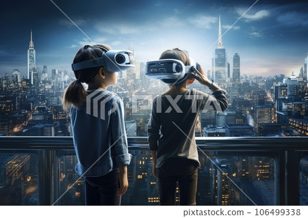 A boy and girl wearing VR headset user, surreal world and virtual reality, colorful flowers fields. Generative AI A boy and girl wearing VR headset user, surreal world and virtual reality, colorful flowers fields. Generative AI 106499338