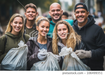Young Volunteers with garbage bags cleaning park area. Ecology, Charitable organization concept. Generative AI 106499351