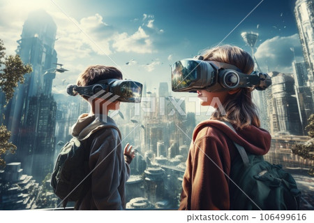 A boy and girl wearing VR headset user, surreal world and virtual reality, colorful flowers fields. Generative AI A boy and girl wearing VR headset user, surreal world and virtual reality, colorful flowers fields. Generative AI 106499616