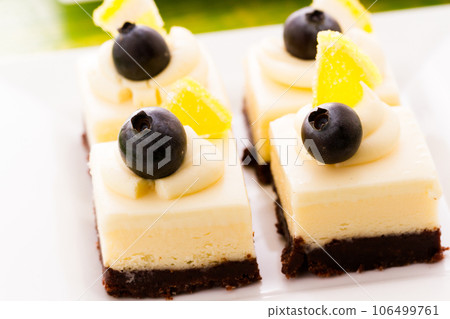 Small white chocolate cheesecake squares at dessert bar. Small white chocolate cheesecake squares at dessert bar. 106499761