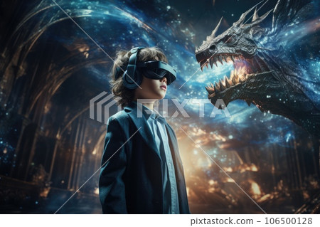 Boy wearing virtual reality headset and surreal dragon. VR goggles. Generative AI Boy wearing virtual reality headset and surreal dragon. VR goggles. Generative AI 106500128