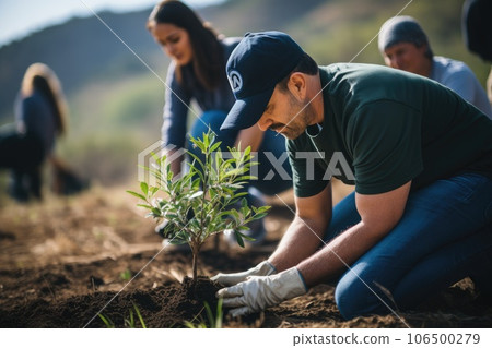 Volunteering. Young people volunteers outdoors reforestation. Generative AI 106500279