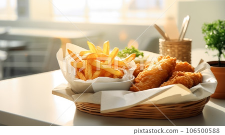 Delicious Fish and Chips Food Combination Photorealistic Horizontal Illustration. Traditional English Seafood Dish. Ai Generated bright Illustration with Delicious Aromatic Fish and Chips. 106500588