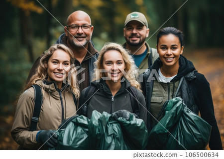 Young Volunteers with garbage bags cleaning park area. Ecology, Charitable organization concept. Generative AI 106500634