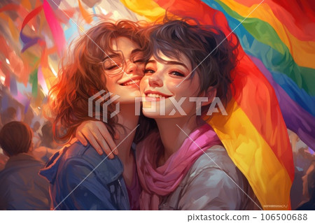 Two people LGBT couple hugging each other. Generative AI Two people LGBT couple hugging each other. Generative AI 106500688