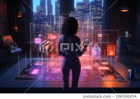 African Businesswoman working with data and tablet hologram with digital overlay for tech, statistics or stock market. generative ai 106500854