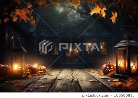 Halloween theme on wooden desk with copy space. thanksgiving. Generative AI Halloween theme on wooden desk with copy space. thanksgiving. Generative AI 106500933
