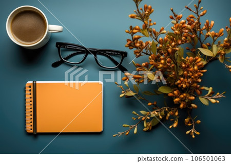 Top view Office desk with office tools, computer laptop on wood table background with copy space. Generative AI 106501063