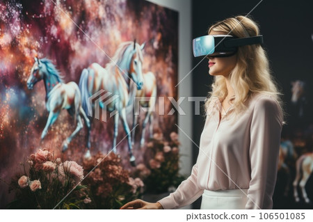 Boy wearing virtual reality headset and surreal unicorn. VR goggles. Generative AI Boy wearing virtual reality headset and surreal unicorn. VR goggles. Generative AI 106501085