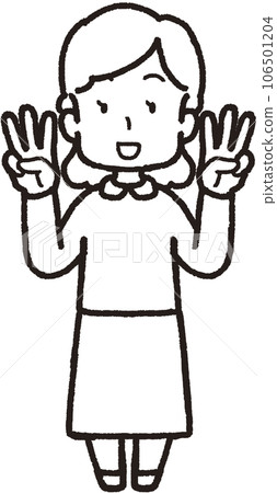 Full body line drawing illustration of a woman smiling with three fingers on each hand Full body line drawing illustration of a woman smiling with three fingers on each hand 106501204