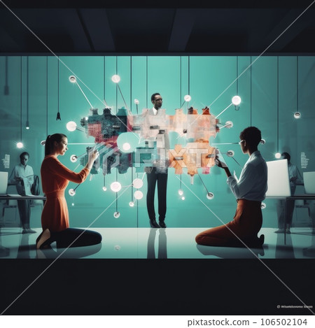 Art collage. Business team brainstorm concept. Generative AI Art collage. Business team brainstorm concept. Generative AI 106502104