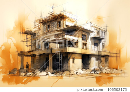 Watercolor architectural sketch of a three-storey house with an open balcony Watercolor architectural sketch of a three-storey house with an open balcony 106502173