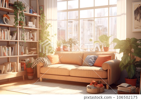 Aesthetic cozy interior of living room of house with large window and bright sunlight Aesthetic cozy interior of living room of house with large window and bright sunlight 106502175