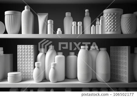 Cabinet with shelves and varios mockups of beauty products without labels Cabinet with shelves and varios mockups of beauty products without labels 106502177