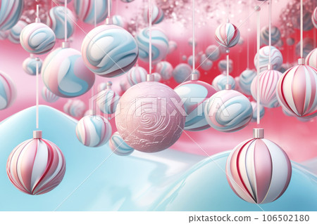 Futuristic composition of suspended glass pink and blue Christmas balls Futuristic composition of suspended glass pink and blue Christmas balls 106502180