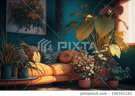 Aesthetic cozy interior of living room of house with large window Aesthetic cozy interior of living room of house with large window 106502183