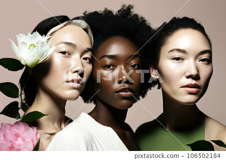 Graphic female portrait of three attractive women of mixed races 106502184